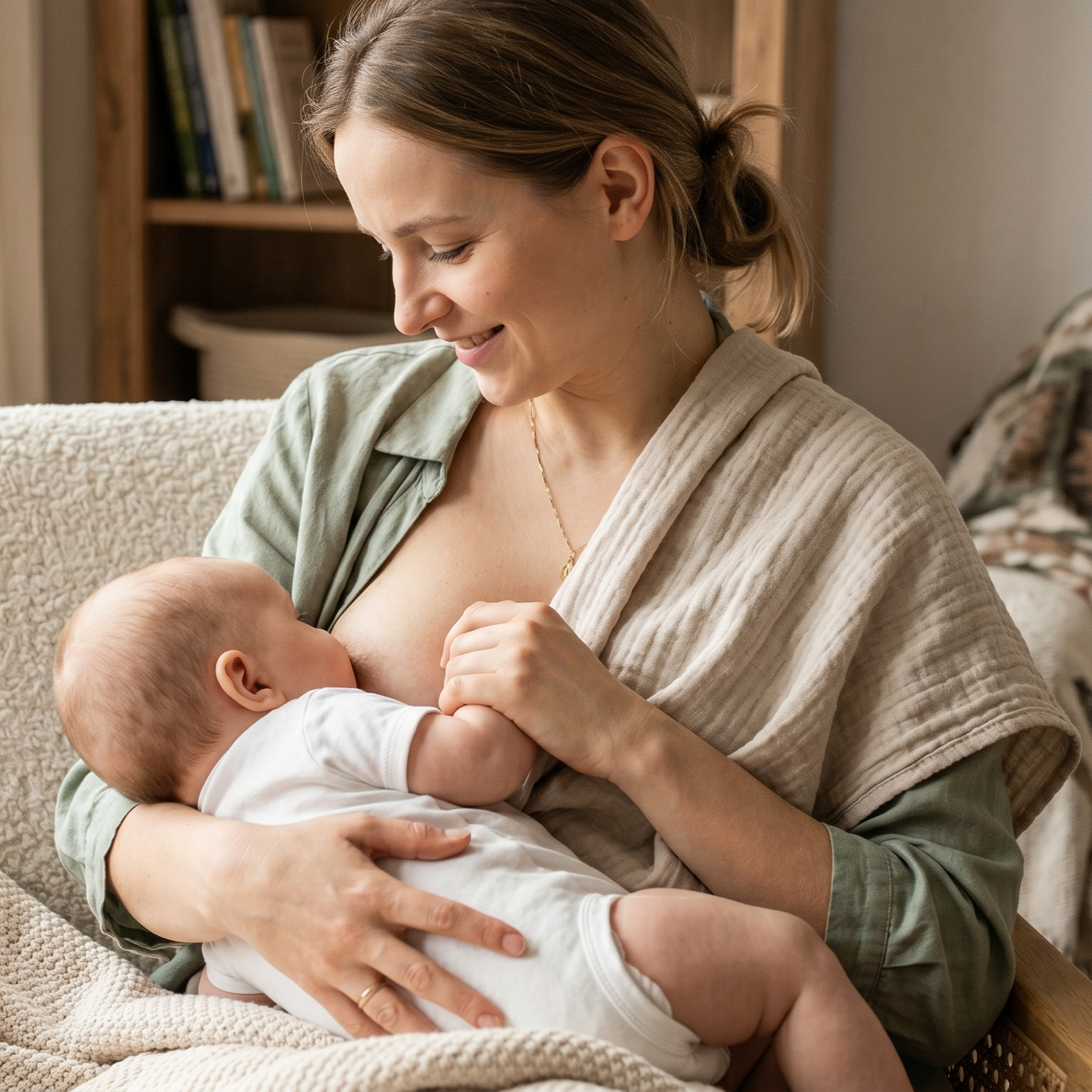 Mama karmiąca piersią niemowlę ubrane w pieluszkę wielorazową